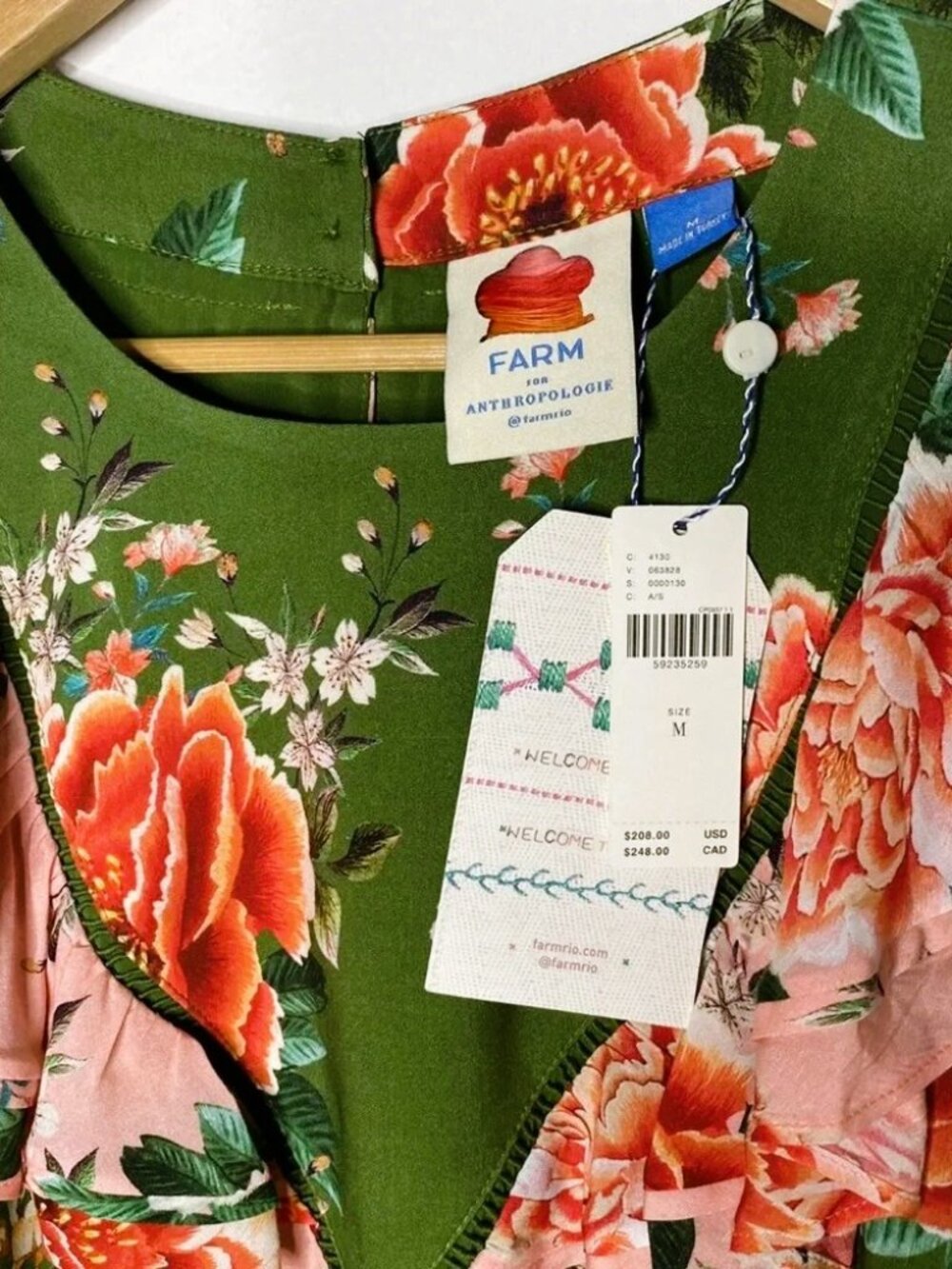 Anthropologie FARM RIO Elinor Floral Green & Peach Ruffle Colorful Tunic Dress - Picture 7 of 12